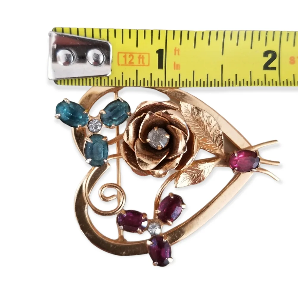 Vintage Signed Coro Gold Tone Heart Brooch Ruby Sapphire Rhinestone